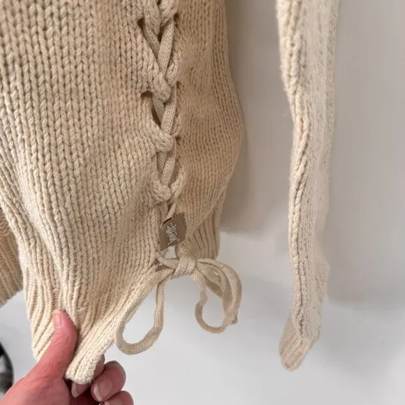 Stussy Knit Sweater Womens Medium Cream Cotton Wool Blend Pearl Detail Vintage