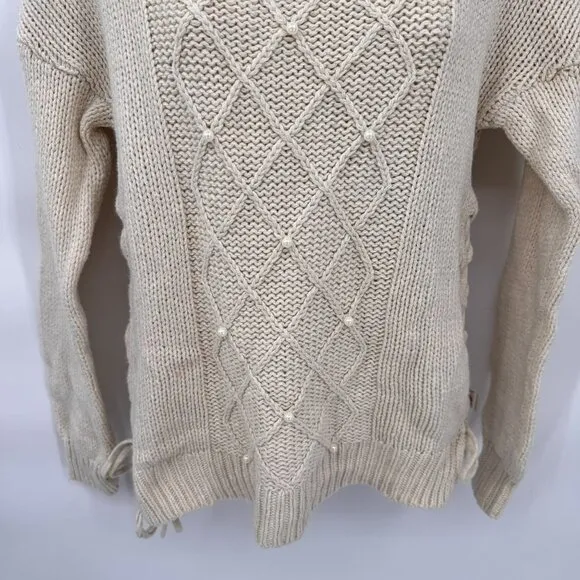 Stussy Knit Sweater Womens Medium Cream Cotton Wool Blend Pearl Detail Vintage