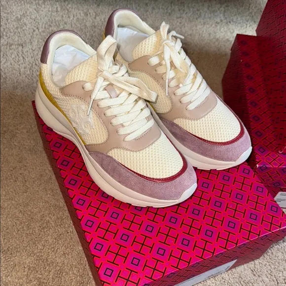 Stylish Women's Sneakers in Cream and Red