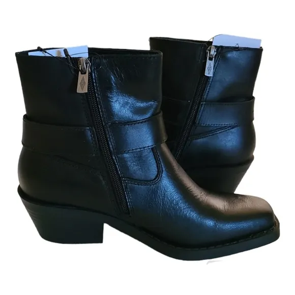 Sun   Stone Phoebie Black Leather Motorcycle Harness Boots Size 6.5 Square Toe