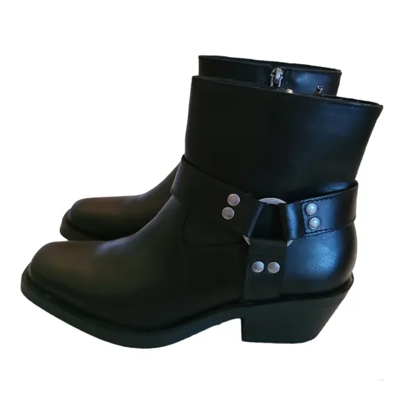 Sun   Stone Phoebie Black Leather Motorcycle Harness Boots Size 6.5 Square Toe