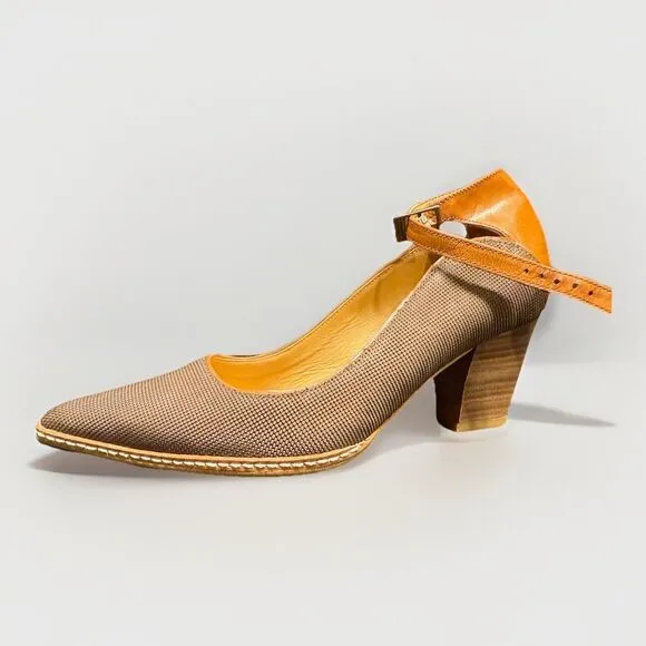 Sundance 2.5” Heels brown shiny women’s size 6 ankle strap pointed toe leather
