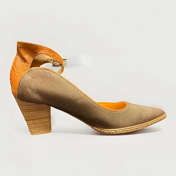 Sundance 2.5” Heels brown shiny women’s size 6 ankle strap pointed toe leather