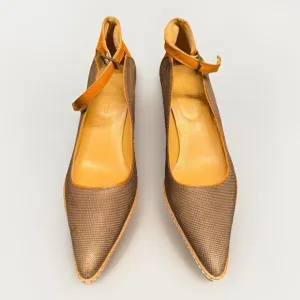 Sundance 2.5” Heels brown shiny women’s size 6 ankle strap pointed toe leather