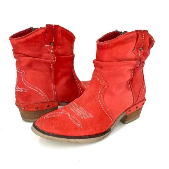 Sundance Etta Red Suede Slouchy Ankle Boots Size 37/ 6.5