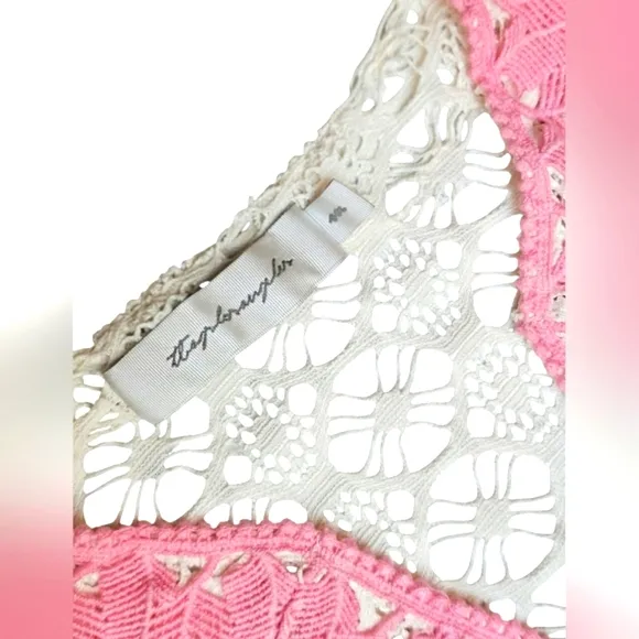 T-Bags Soft Stretchy Pink &amp; Off White Crochet Maxi Dress Coverup Half Sleeve Med