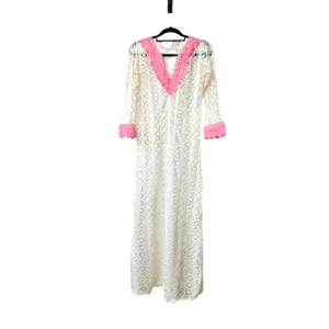 T-Bags Soft Stretchy Pink &amp; Off White Crochet Maxi Dress Coverup Half Sleeve Med