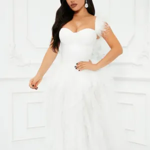 T length wedding dress. White feather tulle bridal gown