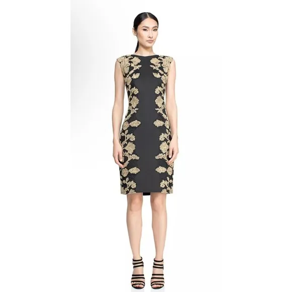 Tadashi Shoji Kami Black Gold Embroidered Lace Panel Dress Womens 14 $485 EUC