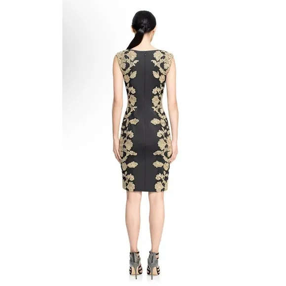 Tadashi Shoji Kami Black Gold Embroidered Lace Panel Dress Womens 14 $485 EUC