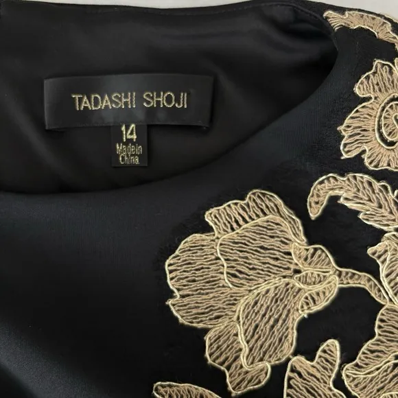 Tadashi Shoji Kami Black Gold Embroidered Lace Panel Dress Womens 14 $485 EUC