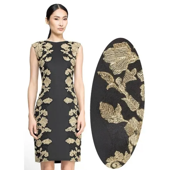 Tadashi Shoji Kami Black Gold Embroidered Lace Panel Dress Womens 14 $485 EUC