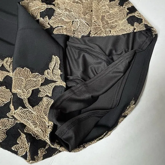 Tadashi Shoji Kami Black Gold Embroidered Lace Panel Dress Womens 14 $485 EUC