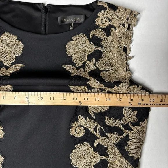 Tadashi Shoji Kami Black Gold Embroidered Lace Panel Dress Womens 14 $485 EUC