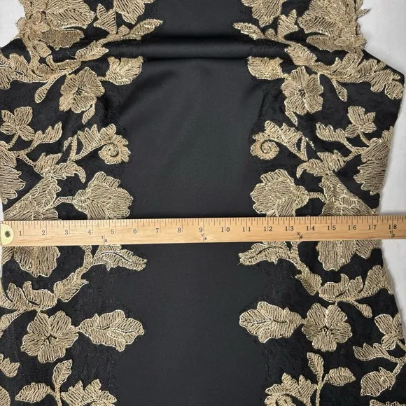 Tadashi Shoji Kami Black Gold Embroidered Lace Panel Dress Womens 14 $485 EUC