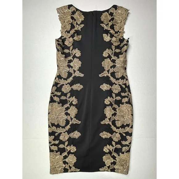 Tadashi Shoji Kami Black Gold Embroidered Lace Panel Dress Womens 14 $485 EUC