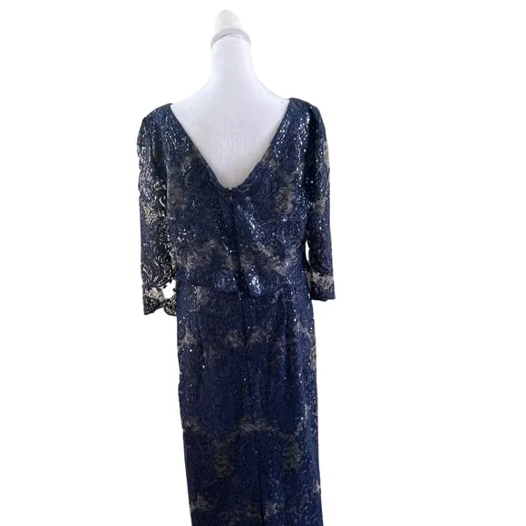 Tahari Arthur S. Levine Boat Neck 3/4 Sleeve Embroidered A-Line Gown size 12