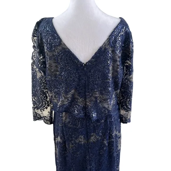 Tahari Arthur S. Levine Boat Neck 3/4 Sleeve Embroidered A-Line Gown size 12