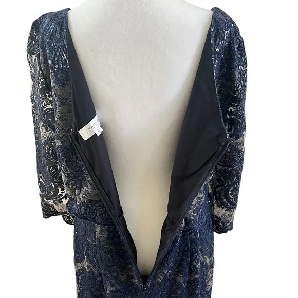 Tahari Arthur S. Levine Boat Neck 3/4 Sleeve Embroidered A-Line Gown size 12