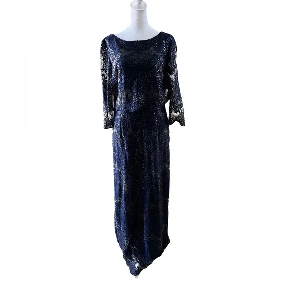 Tahari Arthur S. Levine Boat Neck 3/4 Sleeve Embroidered A-Line Gown size 12
