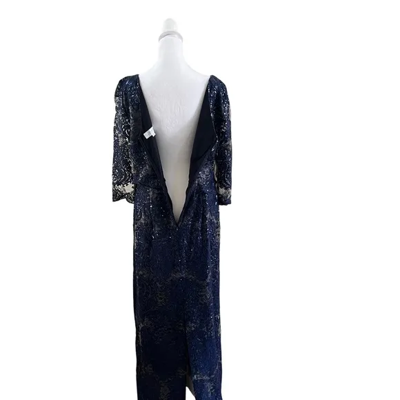 Tahari Arthur S. Levine Boat Neck 3/4 Sleeve Embroidered A-Line Gown size 12