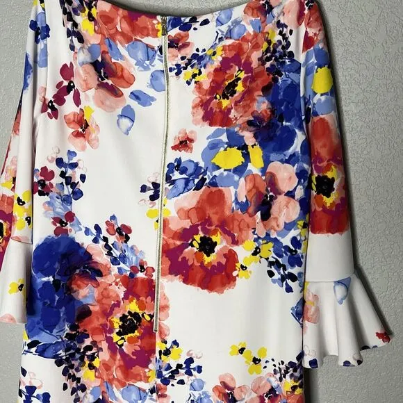 Tahari ASL Size 16 Dress Colorful Floral 3/4 Sleeve Knee Length Shift Dress