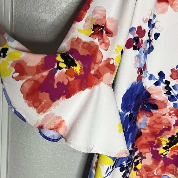 Tahari ASL Size 16 Dress Colorful Floral 3/4 Sleeve Knee Length Shift Dress