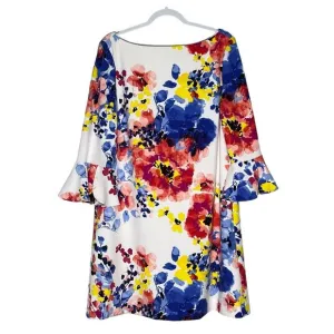 Tahari ASL Size 16 Dress Colorful Floral 3/4 Sleeve Knee Length Shift Dress