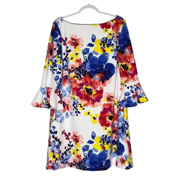 Tahari ASL Size 16 Dress Colorful Floral 3/4 Sleeve Knee Length Shift Dress