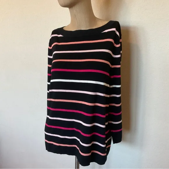 Talbots NWOT Striped Boat Neck Cotton Sweater Black Pink Button Back Detail XLP
