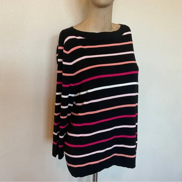 Talbots NWOT Striped Boat Neck Cotton Sweater Black Pink Button Back Detail XLP