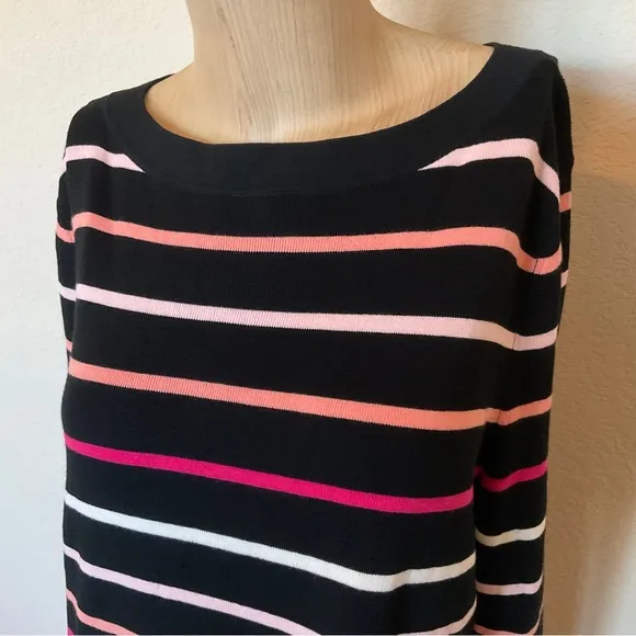 Talbots NWOT Striped Boat Neck Cotton Sweater Black Pink Button Back Detail XLP