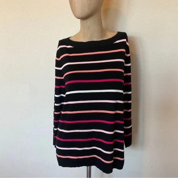 Talbots NWOT Striped Boat Neck Cotton Sweater Black Pink Button Back Detail XLP