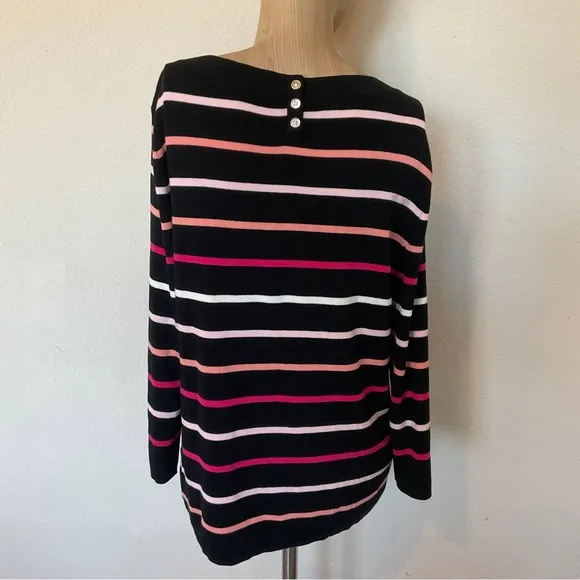 Talbots NWOT Striped Boat Neck Cotton Sweater Black Pink Button Back Detail XLP