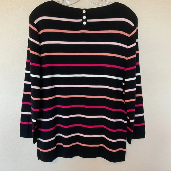 Talbots NWOT Striped Boat Neck Cotton Sweater Black Pink Button Back Detail XLP