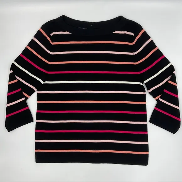 Talbots NWOT Striped Boat Neck Cotton Sweater Black Pink Button Back Detail XLP