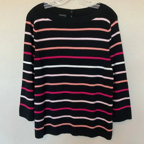 Talbots NWOT Striped Boat Neck Cotton Sweater Black Pink Button Back Detail XLP