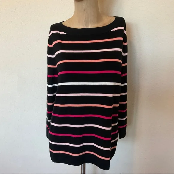 Talbots NWOT Striped Boat Neck Cotton Sweater Black Pink Button Back Detail XLP