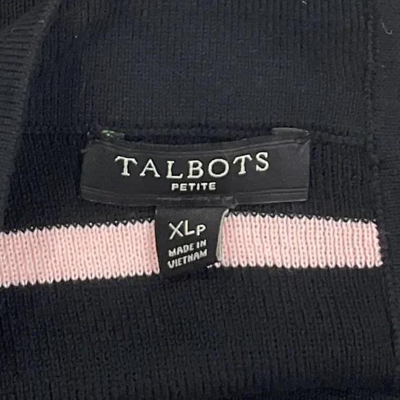 Talbots NWOT Striped Boat Neck Cotton Sweater Black Pink Button Back Detail XLP