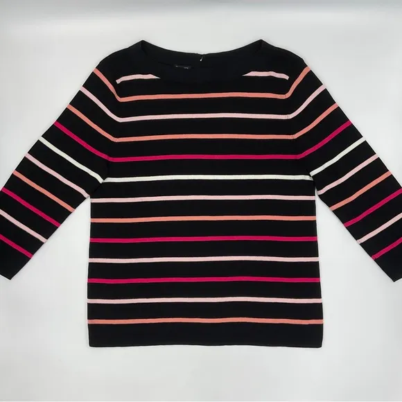 Talbots NWOT Striped Boat Neck Cotton Sweater Black Pink Button Back Detail XLP