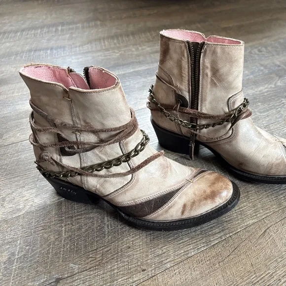 Tan and Brown Western Ankle Boots with Studded Strap
