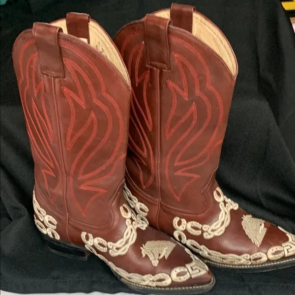 Tan and Brown Western Cowboy Boots with Decorative Stitching