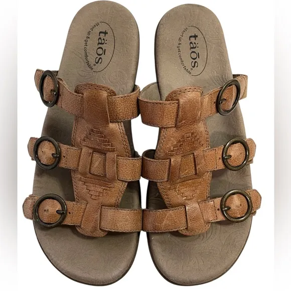 Taos Womens Good Times Tan Buckles Slip On Leather Slide Sandals Shoes