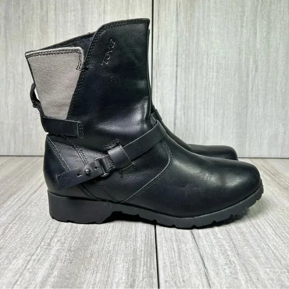 Teva De La Vina Black Leather Moto Biker Ankle Boots Waterproof Womens Size 6