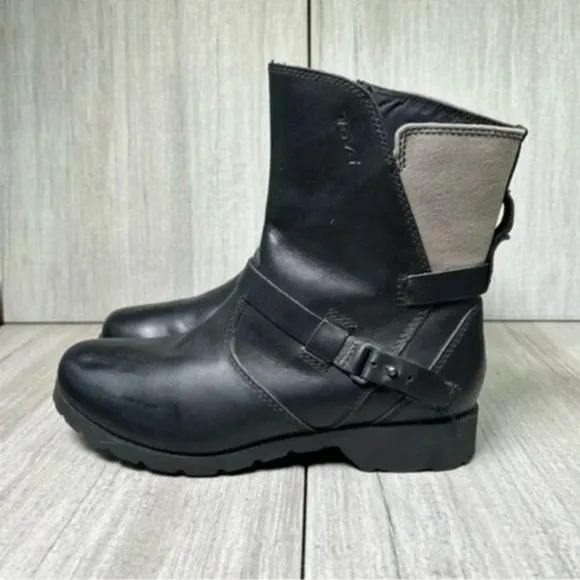 Teva De La Vina Black Leather Moto Biker Ankle Boots Waterproof Womens Size 6