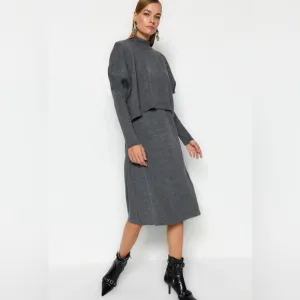 third form ribbed dress long sleeve midi batman sleeve Gray Knit jersey medium