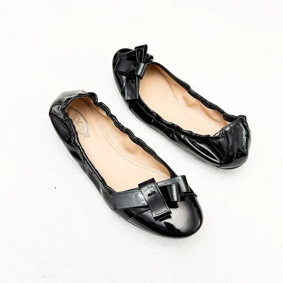 Tod's Black Patent Leather Flexible Ballerina Flat Shoes Slipper Size 36