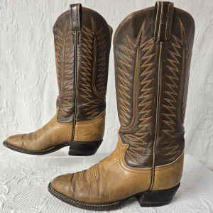 Tony Lama Embroidered Leather Cowboy Boots Brown Women 7 Mid Calf Pointed Toe