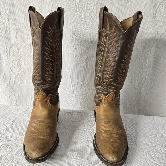 Tony Lama Embroidered Leather Cowboy Boots Brown Women 7 Mid Calf Pointed Toe