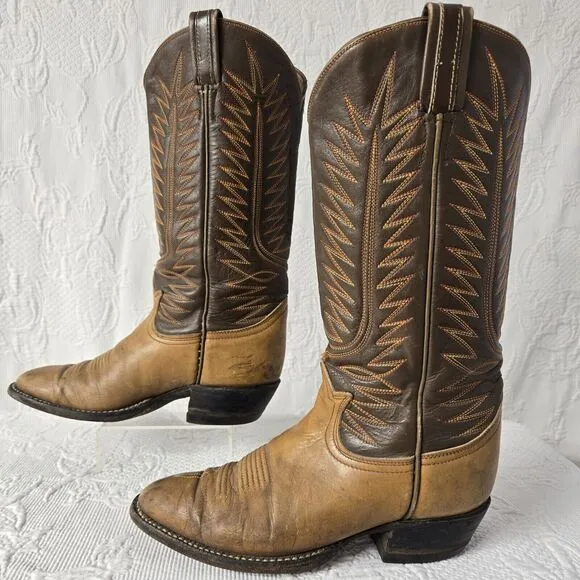 Tony Lama Embroidered Leather Cowboy Boots Brown Women 7 Mid Calf Pointed Toe